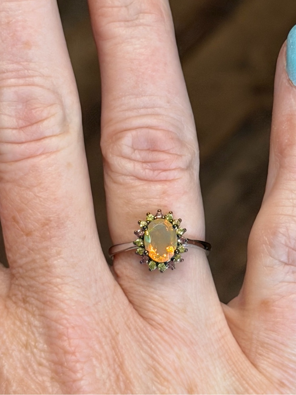 Enchanting Fire Opal Diamond Cut Sapphire halo 925 Sterling Silver Ring Sz 7 - Picture 6 of 13